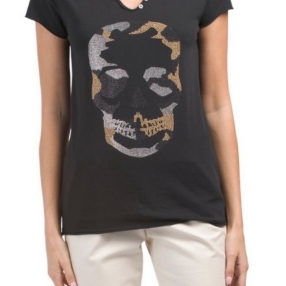 NWOT Zadig & Voltaire Black Tunisien Camo Rhinestone Skull Tee Size L - Picture 2 of 6
